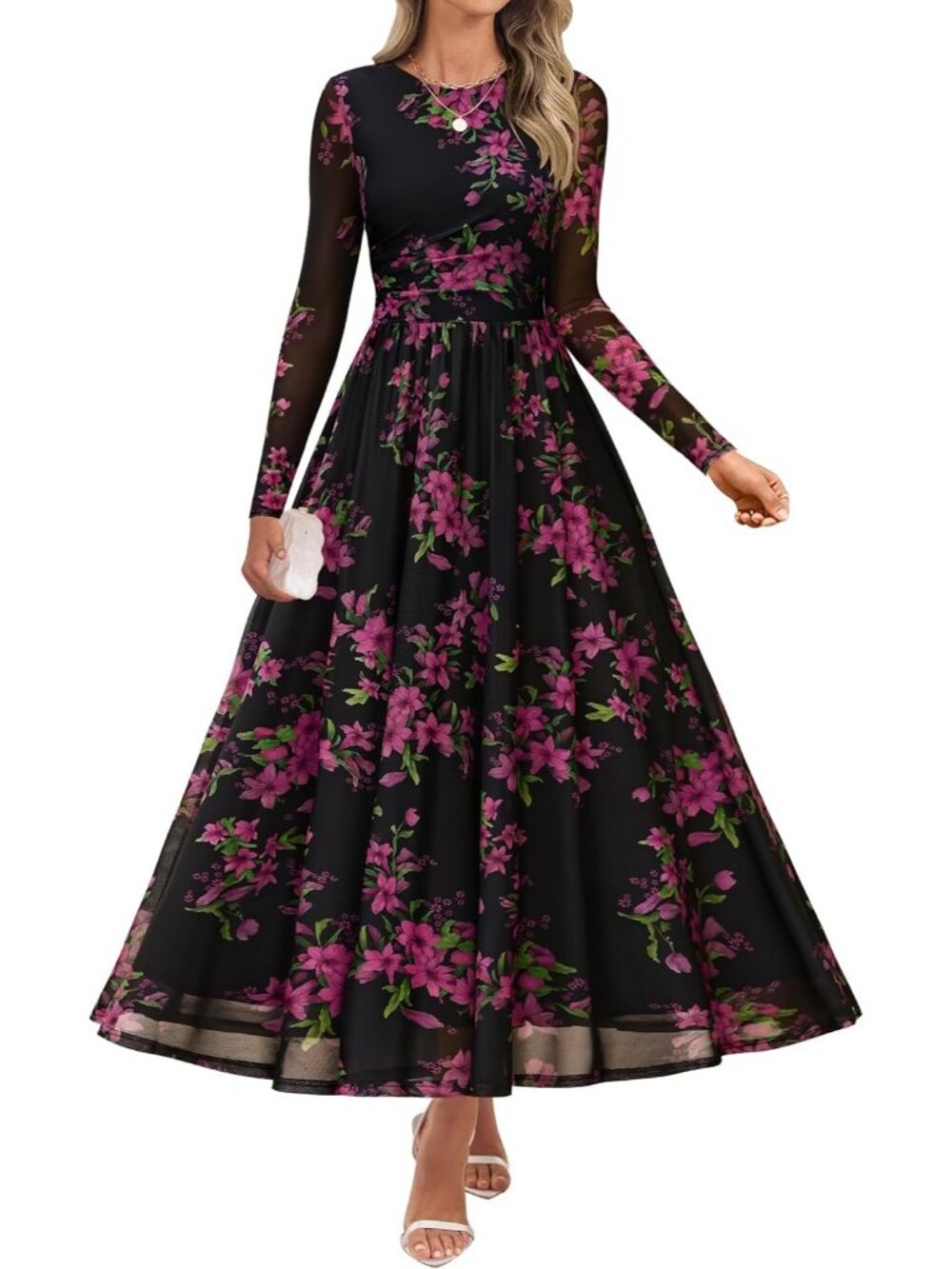 Women's Black rose Crewneck Maxi Long Sleeve Elegant Slimming Cocktail Dresses